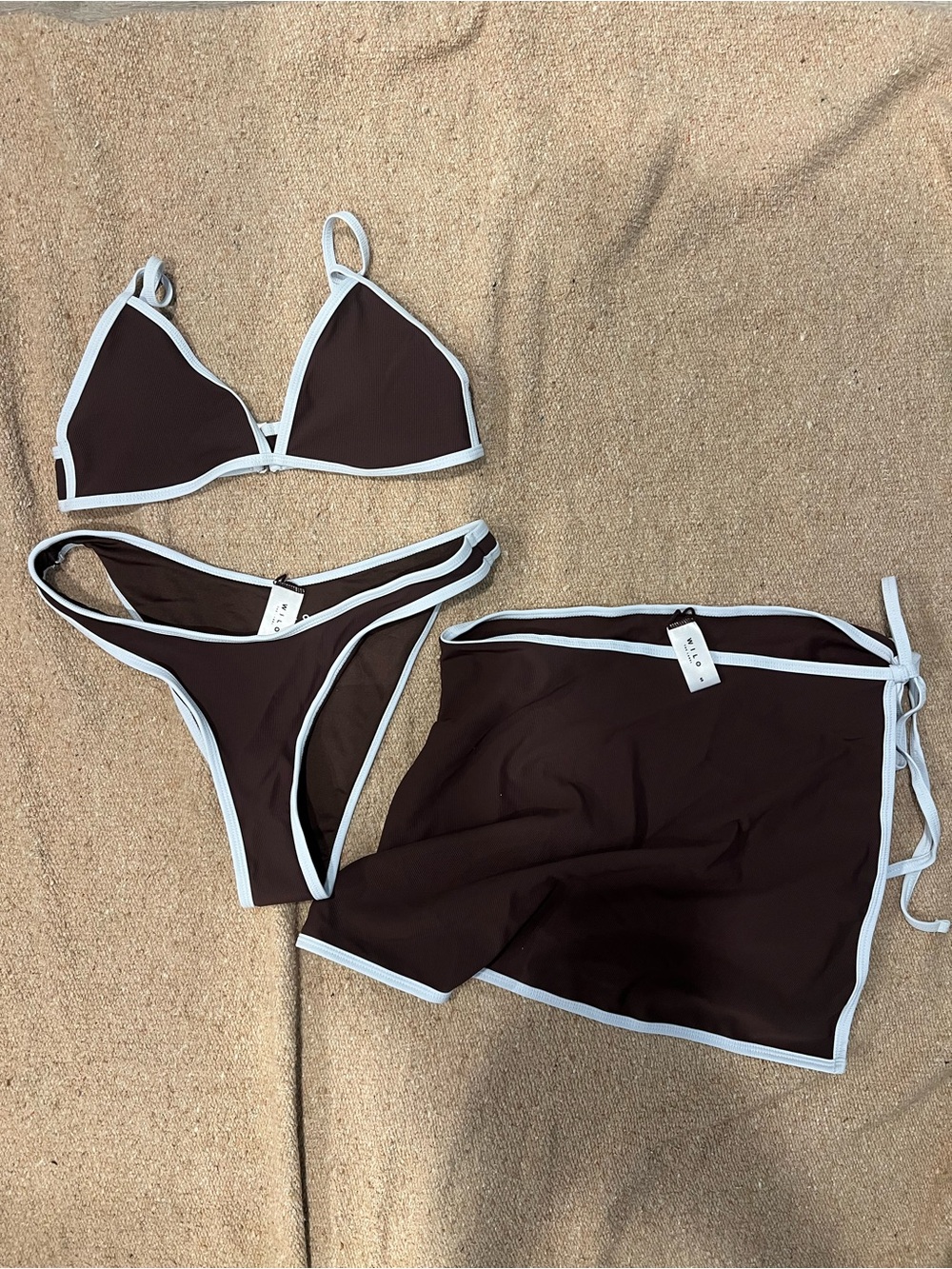 Wilo The Label Bikini Set and Matching Wrap Skirt - Brown and Light Blue